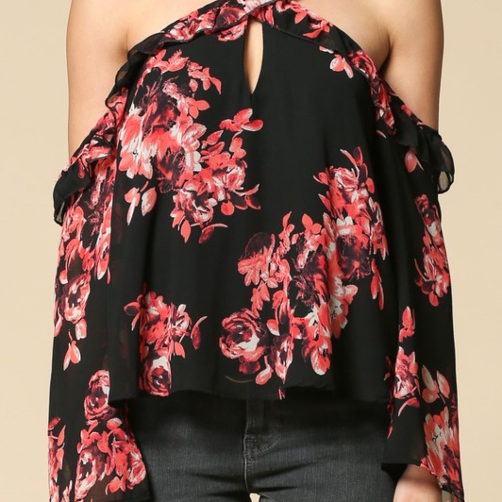 NWT Crossed Choker Cold Shoulder Ruffle Floral Top - Picture 4 of 5